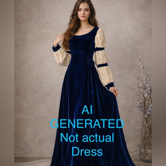 Vintage Renaissance Faire Blue Velvet Ivory Lace Medieval Dress Costume XS - Picture 12 of 12